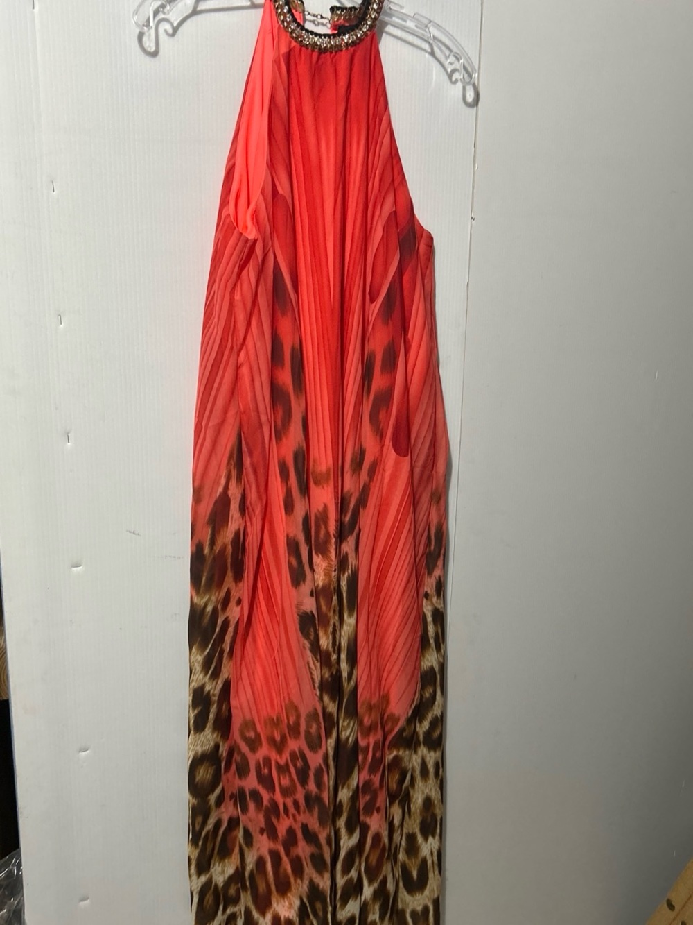 love J Coral Ombre Maxi Dress with Leopard Print & Beaded Neckline